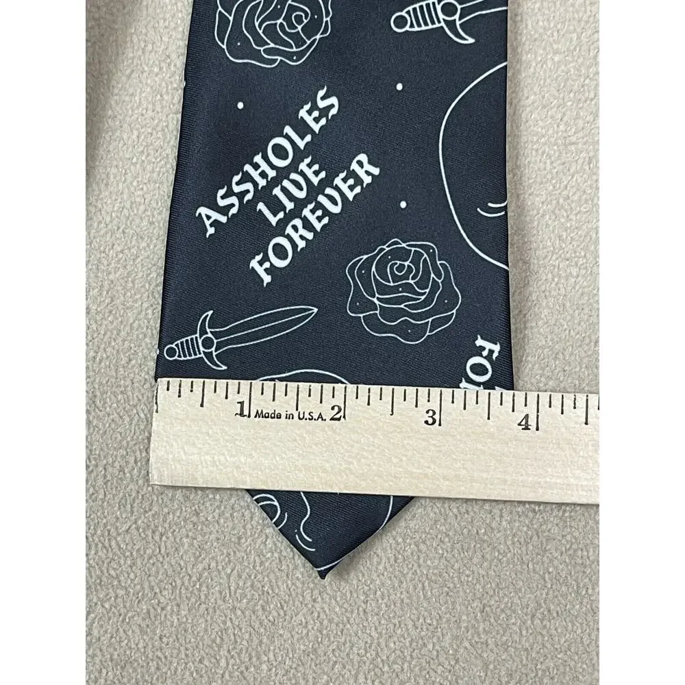 Assholes*s Live Forever Tie Black Skull Roses Sword‎ Adult